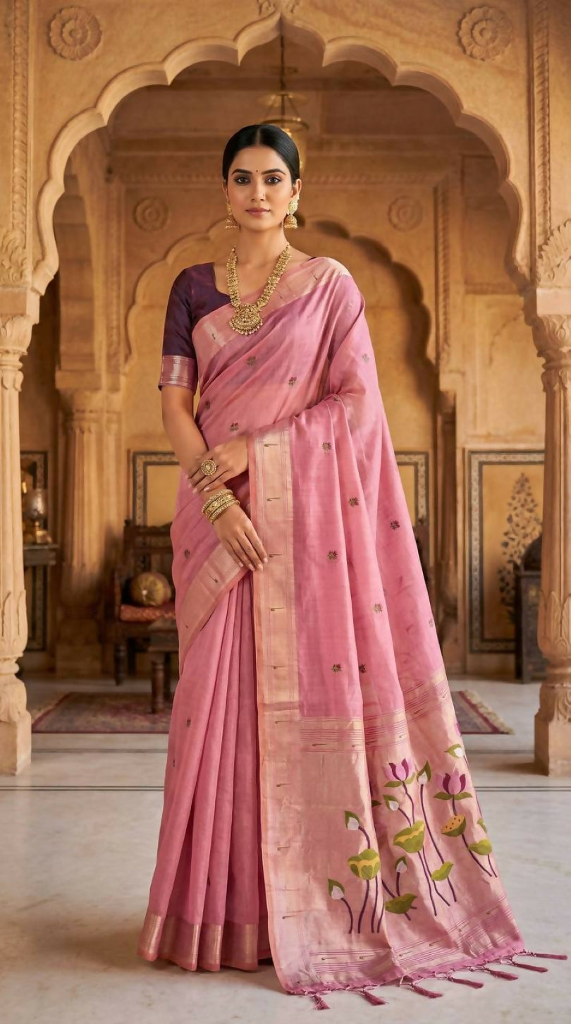 Vastranavya Pink Muga Cotton Meenakari & Munia Weaving Pallu Saree with Contrast Blouse | Grocsy