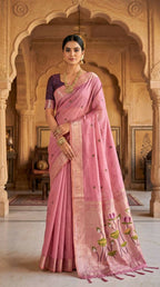 Vastranavya Pink Muga Cotton Meenakari & Munia Weaving Pallu Saree with Contrast Blouse | Grocsy