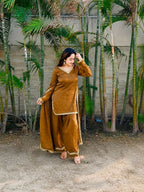 Teeya Creation New Trendy Elegant Gold Chanderi Silk Kurta Set with Delicate Lace Detailing and Matching Dupatta | Grocsy