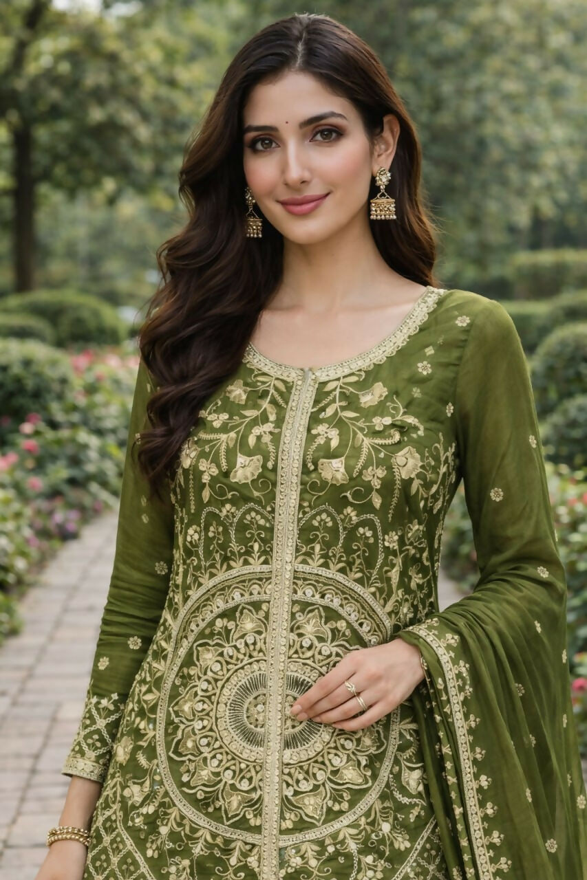 Teeya Creation Green Color Chinon Silk Wedding Wear Trending Palazzo Set | Grocsy