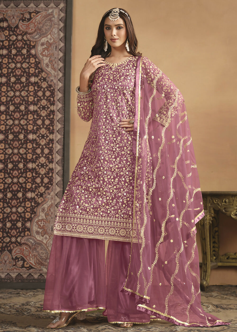 Net Onion Pink Embroidered Festive Gharara Style Suit - Emponline | Grocsy