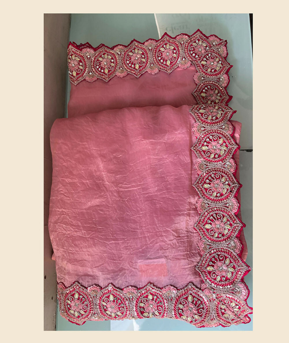 Pink Banarasi Crush Silk Thread, Sequence, Cord and jari Embroidered with Stone Work Saree - Mohmanthan Dakshika | Grocsy