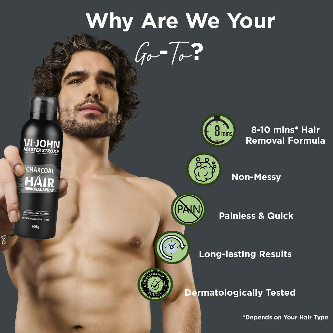 VI-JOHN Dermatologically Tested Master Stroke Charcoal & Aloevera Hair Removal Spray For Men | Grocsy