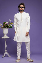 Raivat Ethnic Art Banarasi Silk Thread Work Kurta Pajama In Cream Colour | Grocsy
