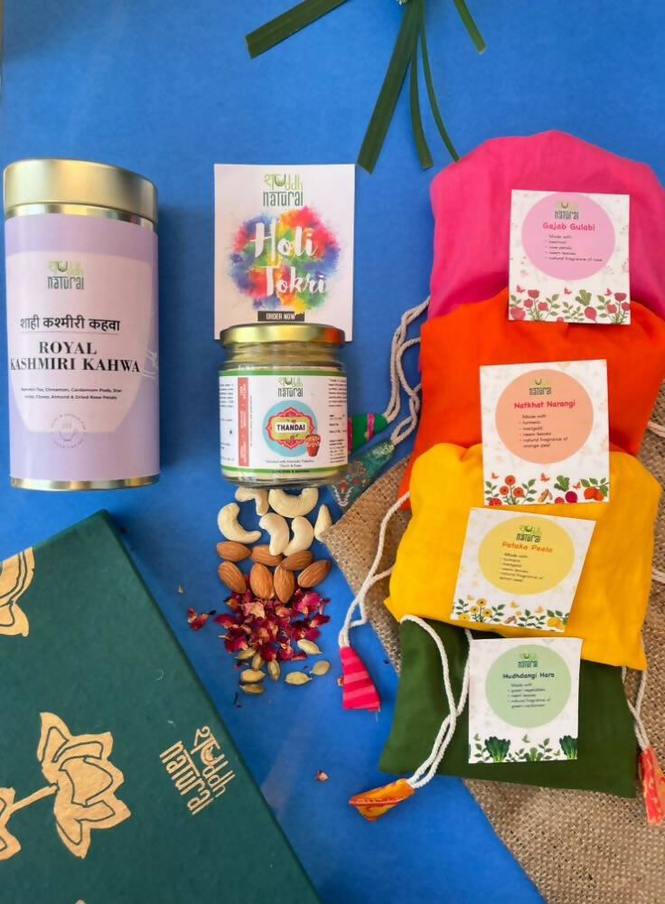 Shuddh Natural Ubtan Based Herbal Gulal | Ayurvedic Thandai Powder |Kashmiri Kahwa| Holi Gift Hamper | Grocsy