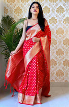 DEIANA'S Beautiful Designer Golden zari Soft Lichi Silk Saree - Red | Grocsy