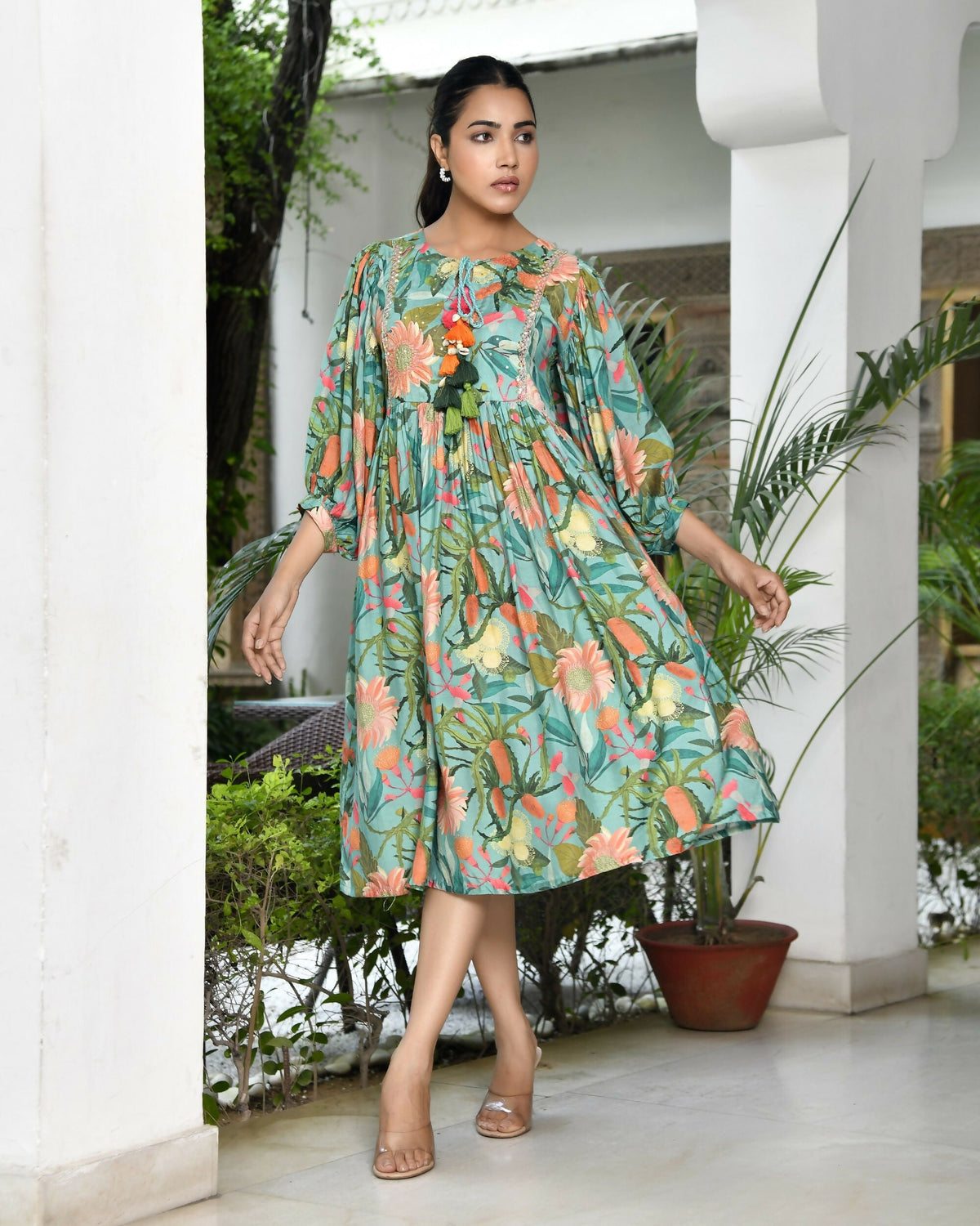 Vaasva Women's Teal Musline Viscose Digital Printed Dress | Grocsy