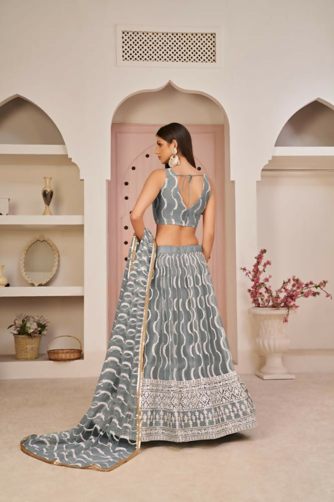 Aastha Fashion Gray Butterfly Net White Cotton Thread Work, Zari Work And Sandwich Sequence Work Embroidery Wedding Wear Lehenga Choli | Grocsy