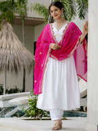 The52 White Women's Gorgeous Embroidered Chanderi Fabric Straight Kurta, Pant and Dupatta Set | Grocsy