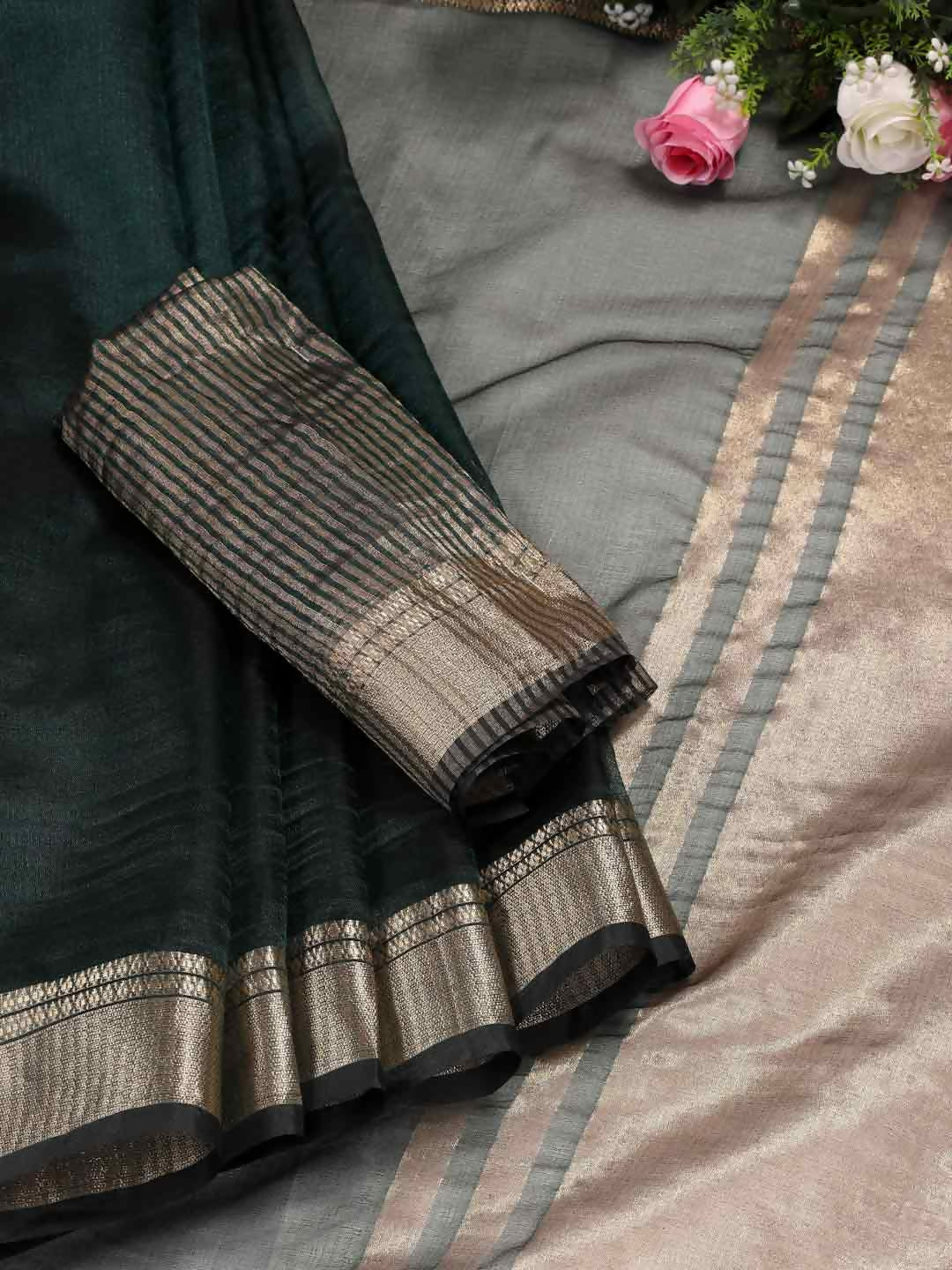 Shree Shyam Fashion Organza Dark Green Saree | Grocsy