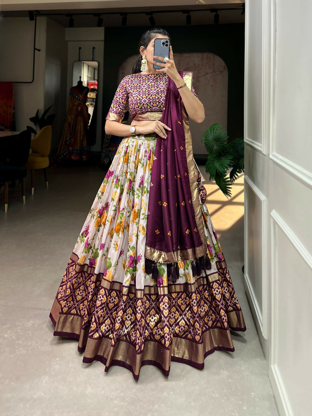 Vastranavya Exquisite Tussar Silk Lehenga Set With Perfect Floral And Patola Print Design Lehenga Choli - Wine | Grocsy