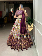 Vastranavya Exquisite Tussar Silk Lehenga Set With Perfect Floral And Patola Print Design Lehenga Choli - Wine | Grocsy