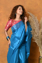 Very Much Indian Fusion Cotton Tissue Shimmer Saree - Light Blue | Grocsy