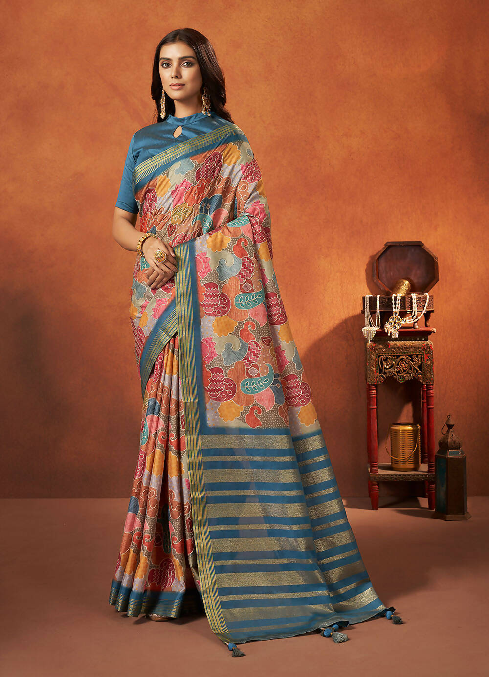 Blue Rangkat and Crepe Silk Paisley Saree With Unstitched Blouse Piece - Mohmanthan Royal Saachi | Grocsy