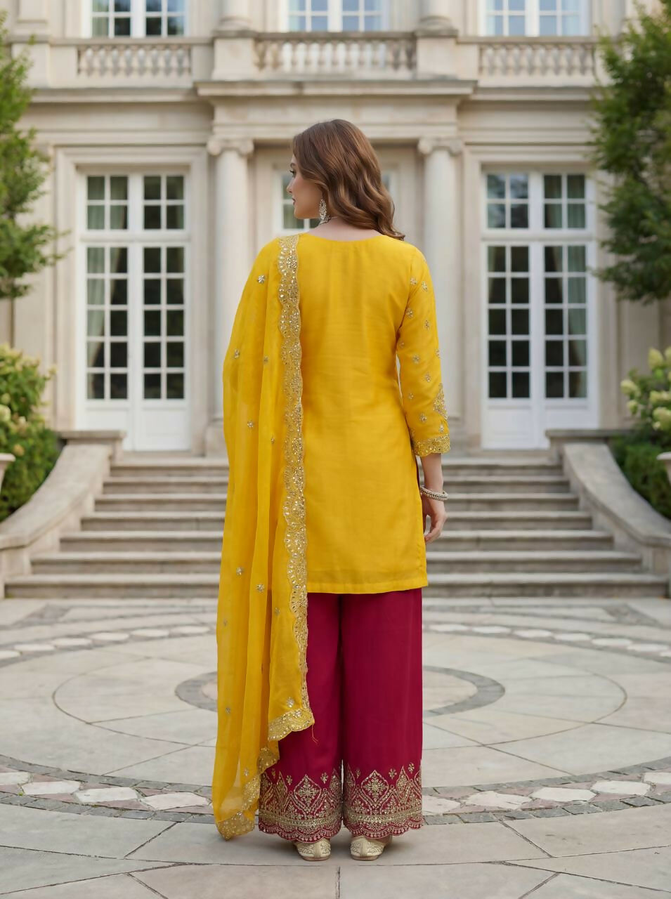 Teeya Creation Yellow Chinon Silk Embroidery Work Party Wear Palazzo Pair | Grocsy