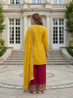 Teeya Creation Yellow Chinon Silk Embroidery Work Party Wear Palazzo Pair | Grocsy