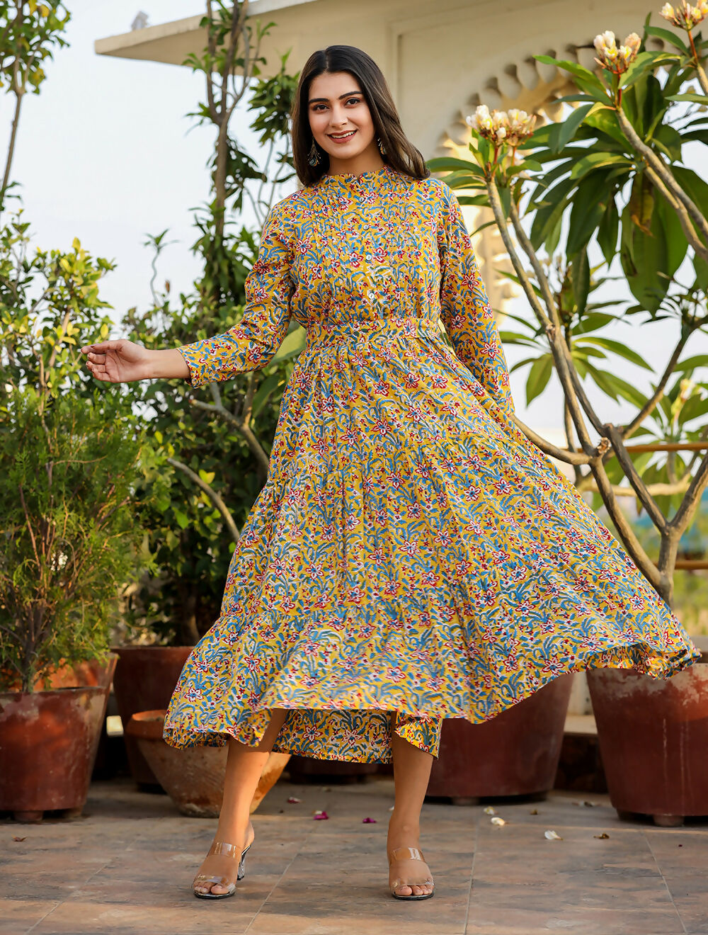 Kaajh Women's Yellow Floral Handblock Print Cotton Dress | Grocsy