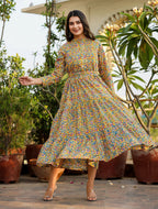 Kaajh Women's Yellow Floral Handblock Print Cotton Dress | Grocsy