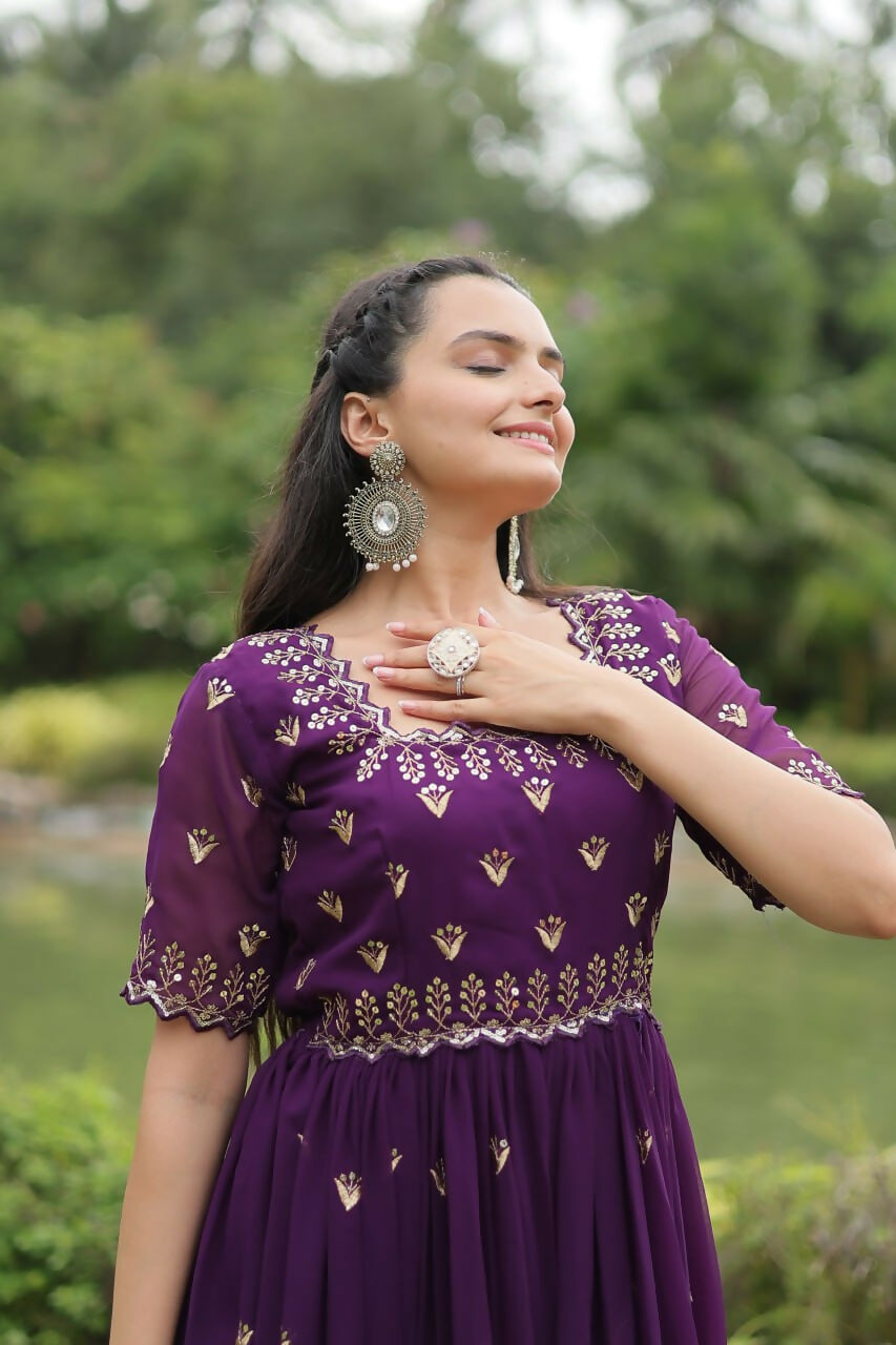 Vastranavya Premium Designer Faux Blooming with Embroidery Zari Sequins work Gown - Purple | Grocsy