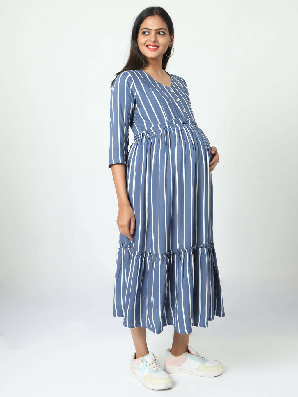 Manet Three Fourth Maternity Dress Striped With Concealed Zipper Nursing Access - Blue | Grocsy