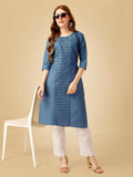Jyoti Fashion Women's Denim Blue Cotton Blend Embroidered Kurta Pant Set | Grocsy