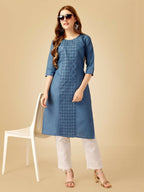 Jyoti Fashion Women's Denim Blue Cotton Blend Embroidered Kurta Pant Set | Grocsy