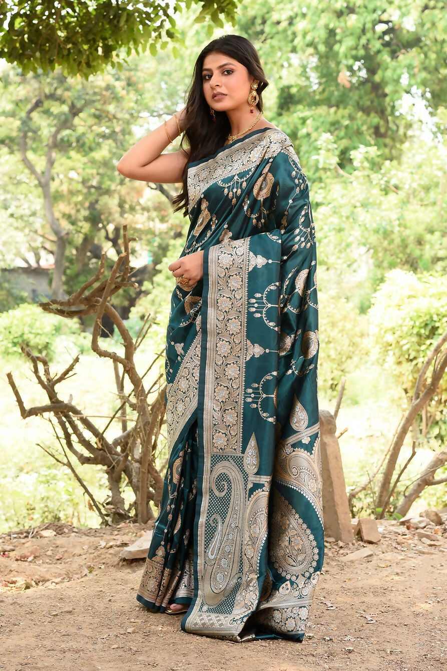 Joban Fashion Green Banarasi Soft Pure Handloom Banarasi Silk Saree | Grocsy