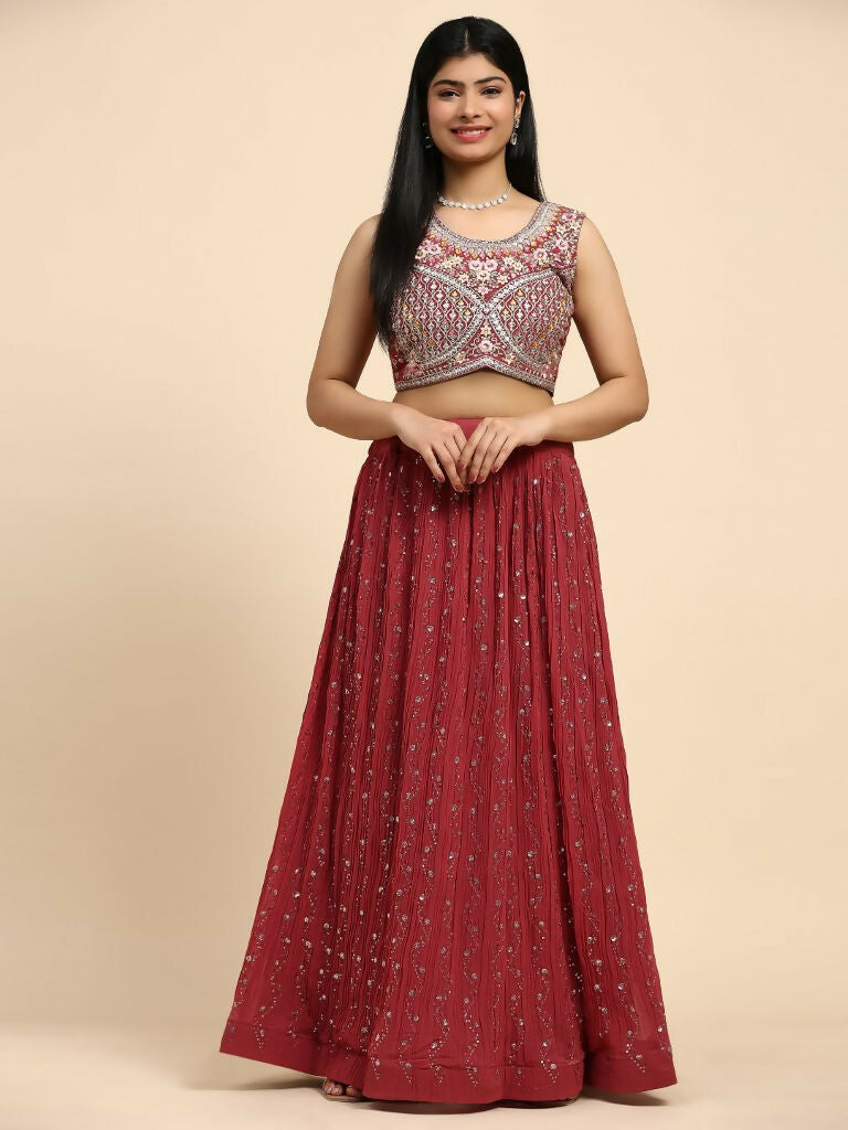 Red Georgette Embroidered Lehenga choli with Dupatta - Dhara | Grocsy