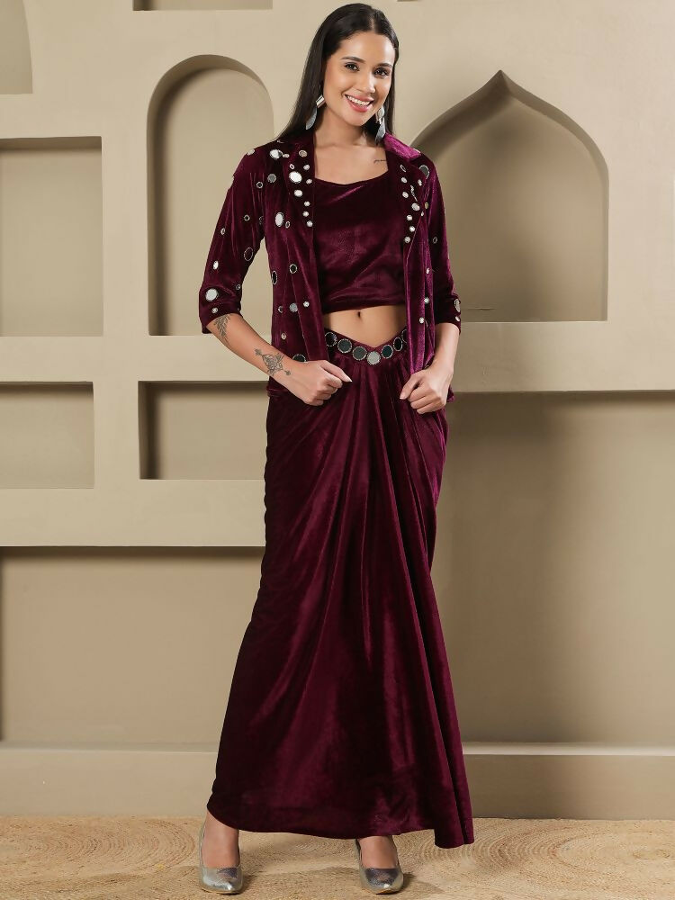 Joban Fashion Women Wine Velvet Hand Embellishment Stitched Dress | Grocsy