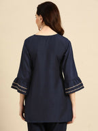 Women's Navy Blue Viscose blend Embroidered Short Top - Marina | Grocsy