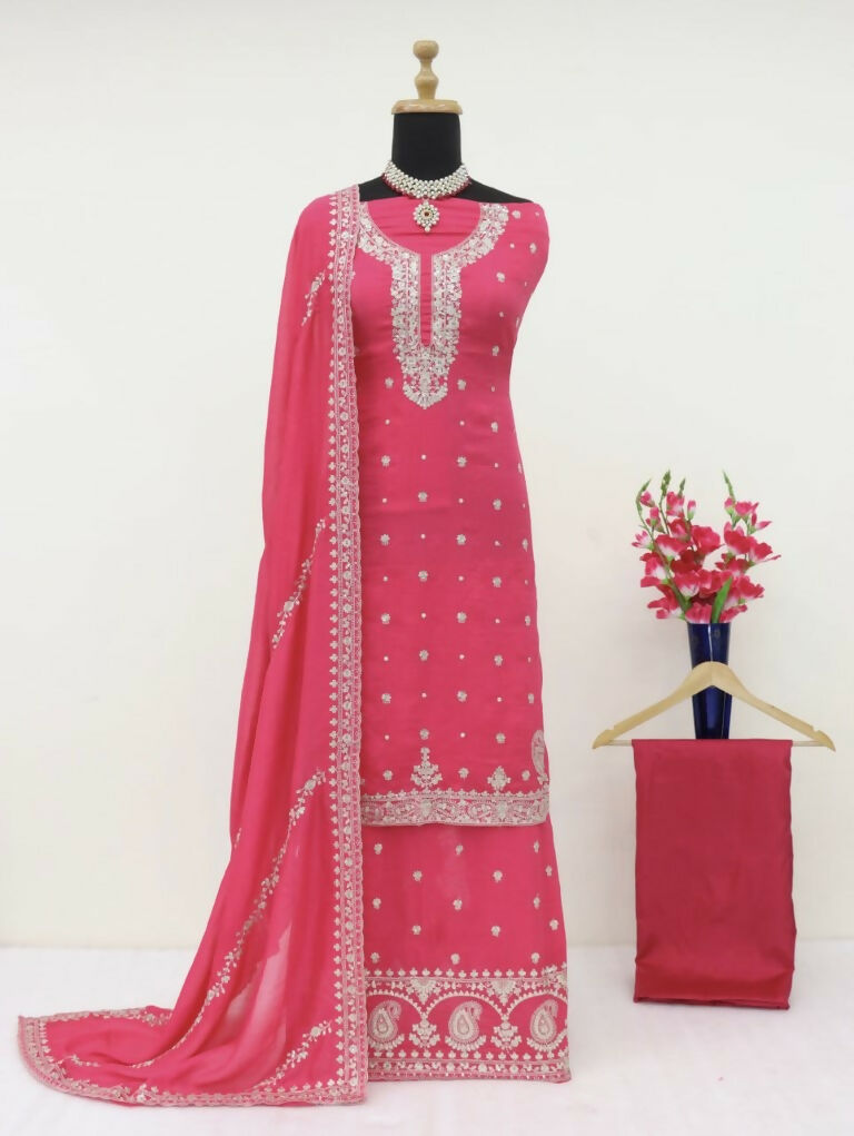 Vastranavya Glamorous Pink Chinon Palazzo Suit With Intricate Sequins Embroidery Work with Dupatta | Grocsy