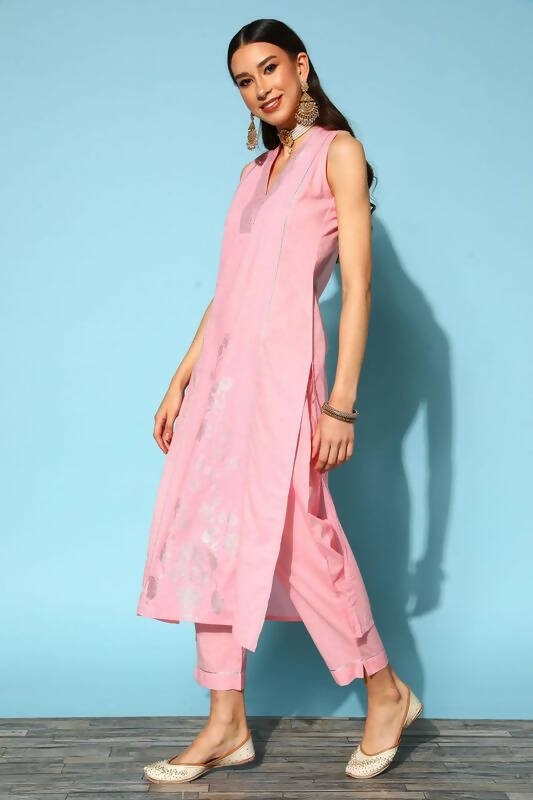 Ahalyaa Women Pink Colour Cotton Silver Foil Printed Kurta Pant Set | Grocsy
