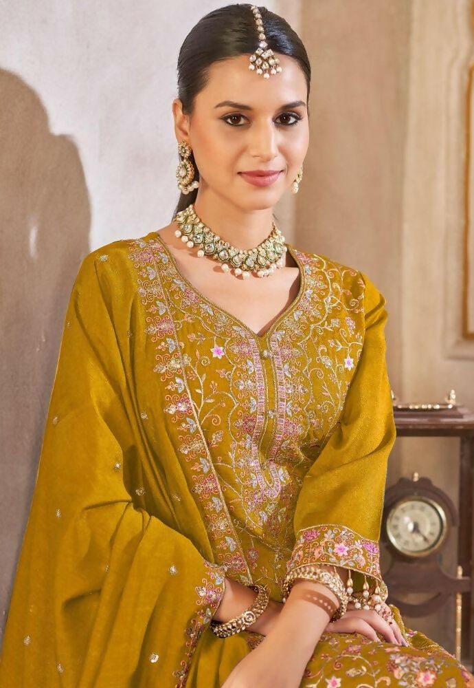 Anaita Mustard Vichitra Silk Readymade Suit with Embroidery & Lace Work | Grocsy