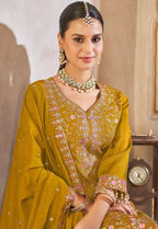 Anaita Mustard Vichitra Silk Readymade Suit with Embroidery & Lace Work | Grocsy