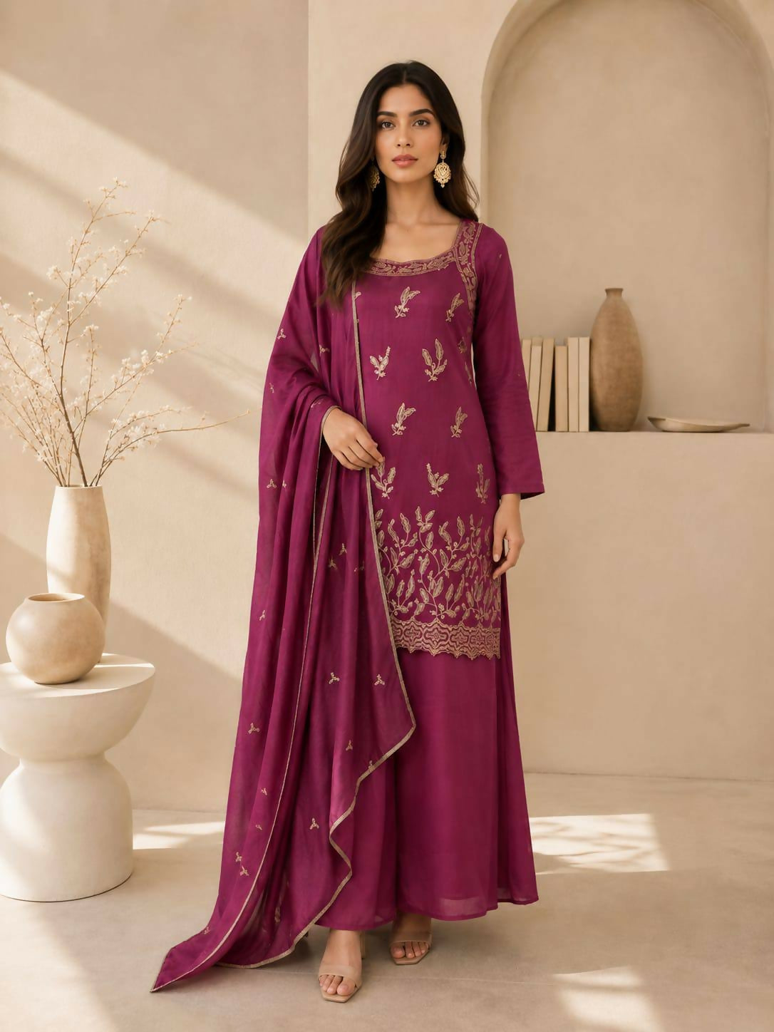 Teeya Creation Wine Embroidered Georgette Straight Kurta With Palazzo And Dupatta Set | Grocsy