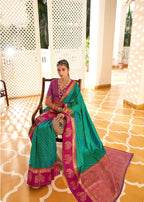 Sea Green Soft Banarasi Paithani Copper Zari Weaving Saree With Unstitched Blouse Piece - Jodha | Grocsy