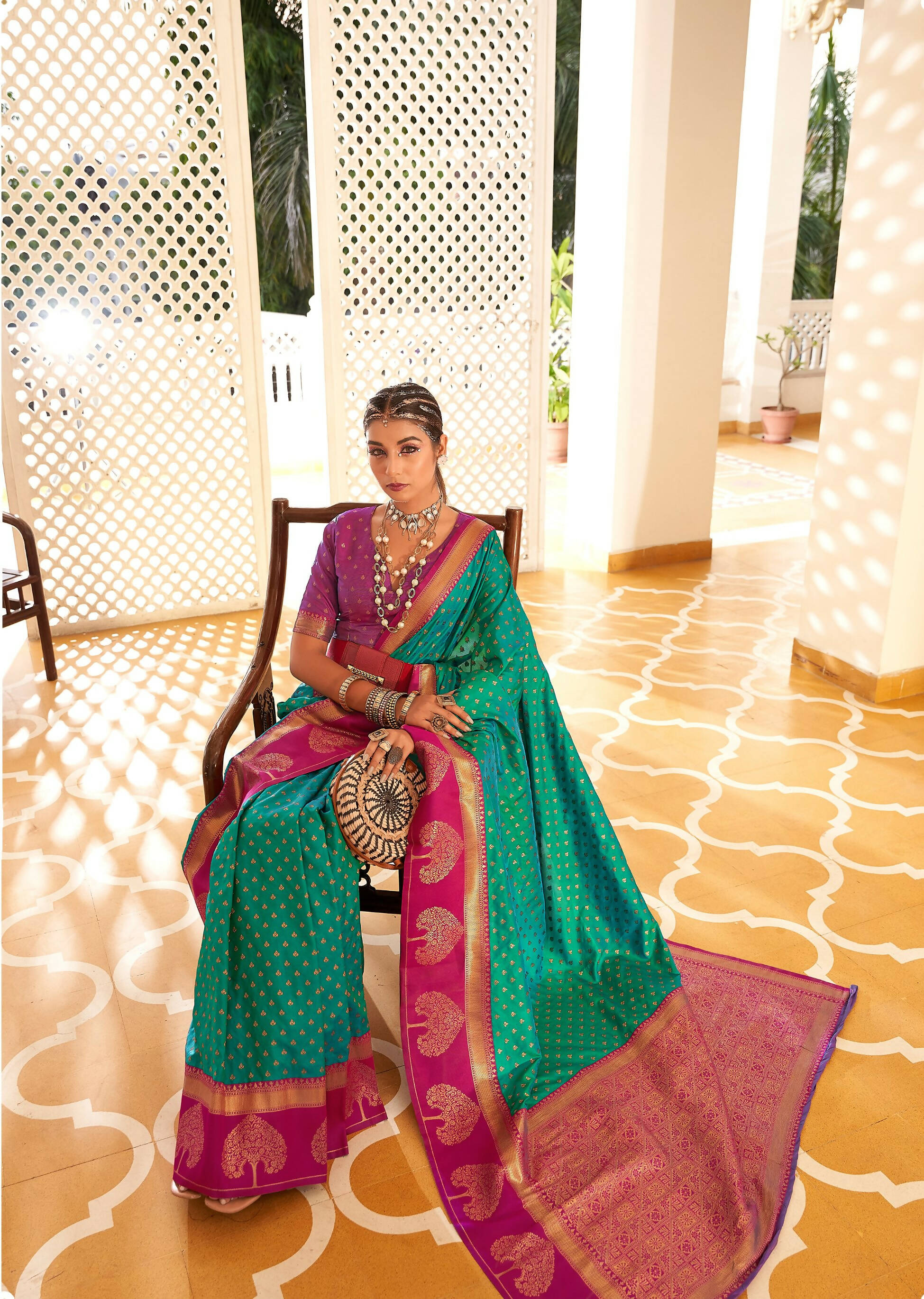 Sea Green Soft Banarasi Paithani Copper Zari Weaving Saree With Unstitched Blouse Piece - Jodha | Grocsy
