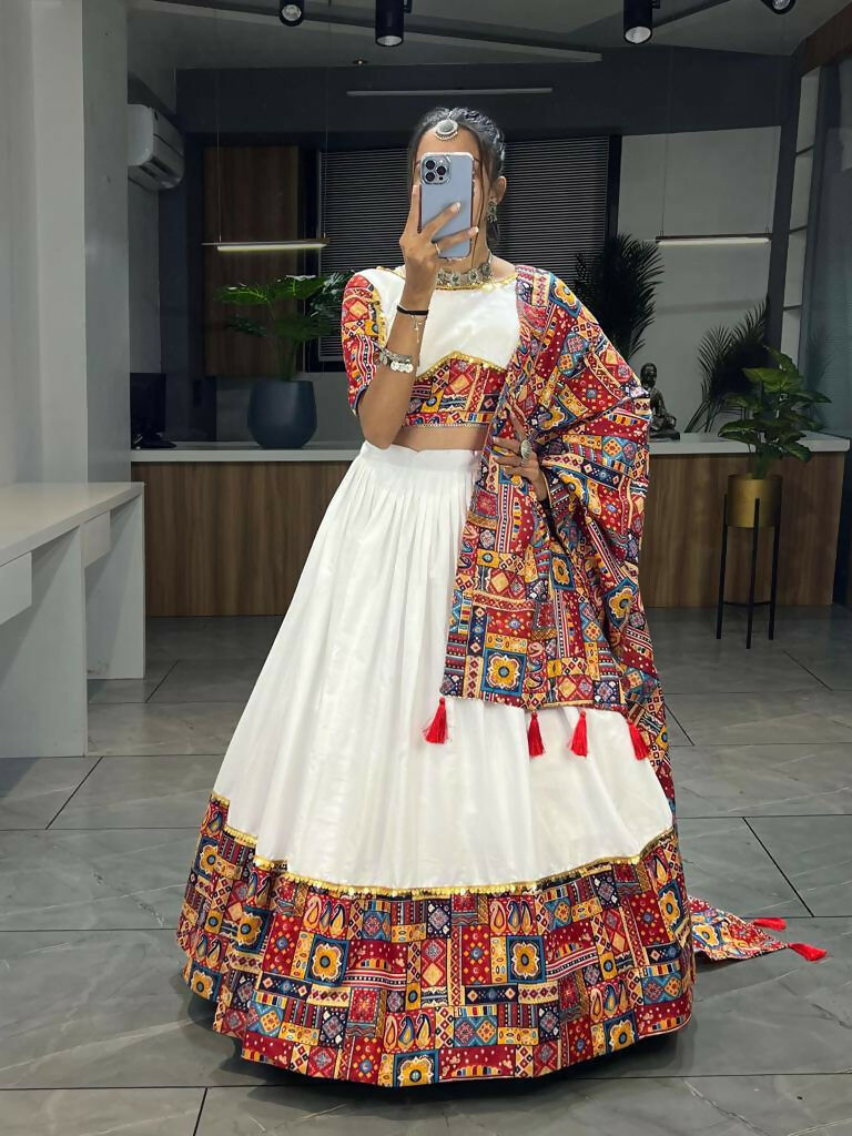 Yash Enterprise White Red Rayon Cotton Embroidery Semi Stitched Navratri Chaniya Choli | Grocsy