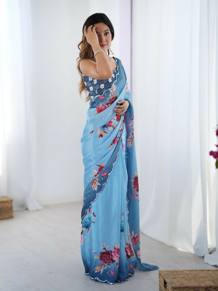 Blue Chinon Designer Digital Printed,Mirror Cut Work Saree - Elayna | Grocsy