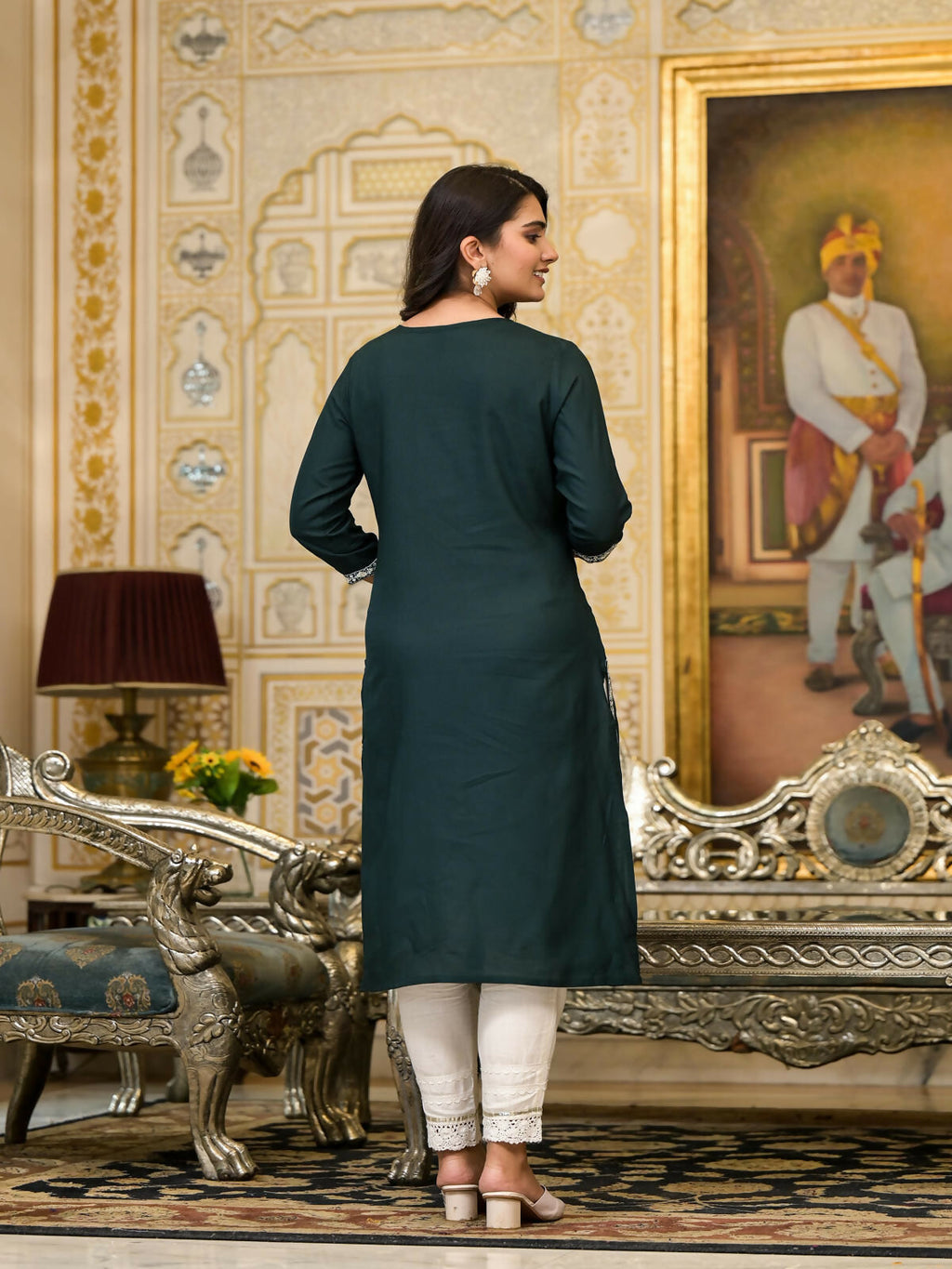 Juniper Women's Green Thread Embroidered Rayon Kurta | Grocsy