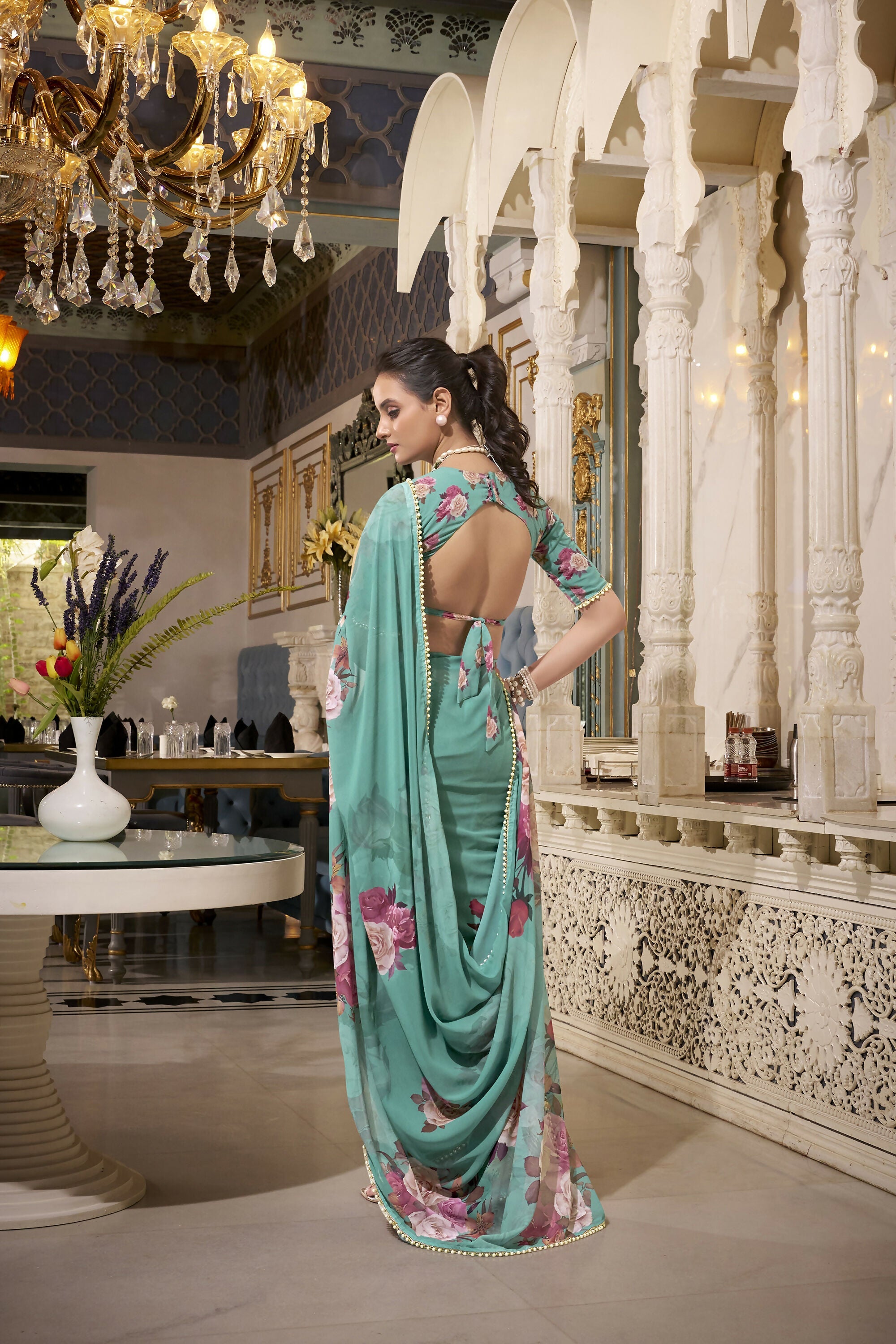 Vastranavya Green Spectacular Georgette Printed with Pearl Lace Saree with Unstitched Blouse | Grocsy