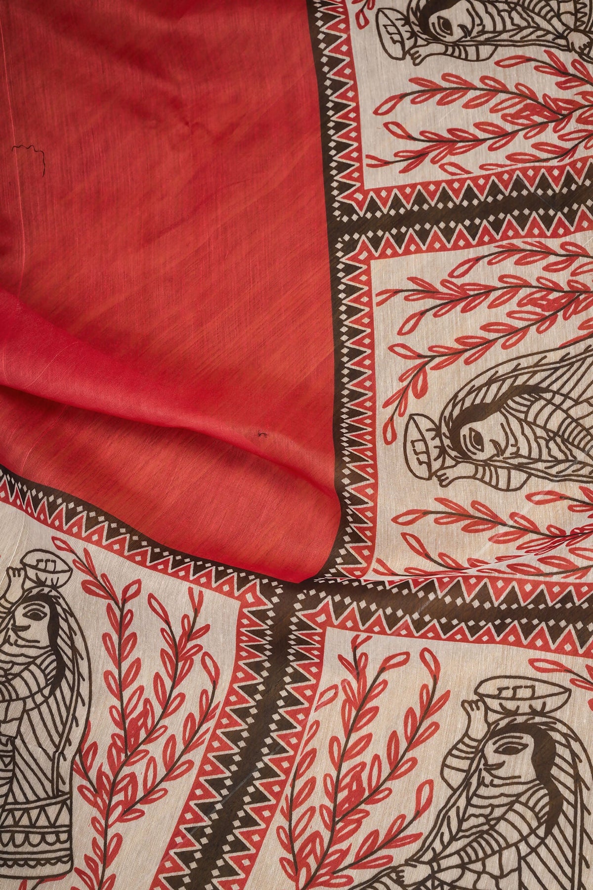 Vastranavya Red Digital Printed Linen Ready To Wear Designer Saree with Unstitched Blouse | Grocsy