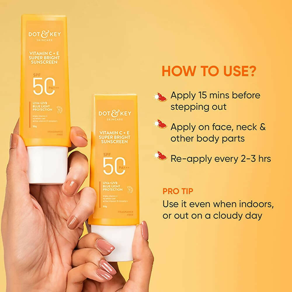 Dot & Key Vitamin C + E Face Sunscreen SPF 50 PA+++ For Glowing Skin, 100% No White Cast | Grocsy