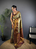 Elora Green Silk Leheriya Meenakari Zari Weaves Dharmavaram Saree | Grocsy