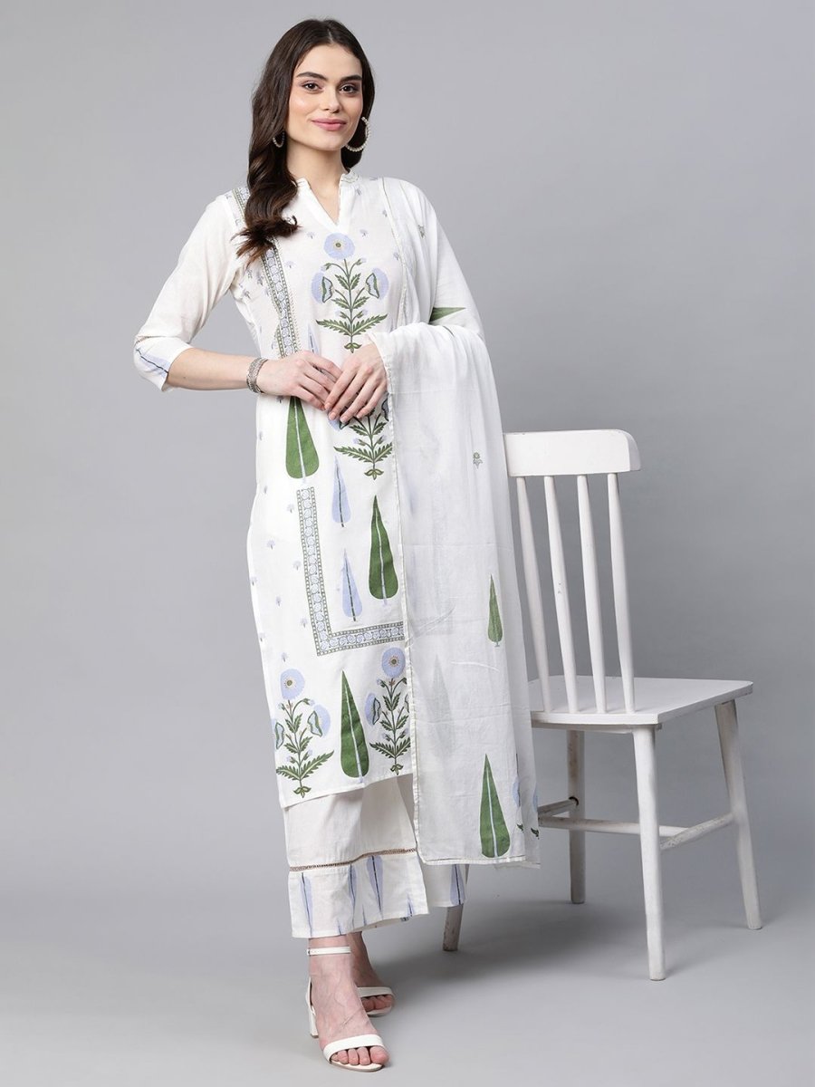 Ahalyaa Women Off White Colour Pure Cotton Printed Kurta Palazzo Set With Dupatta | Grocsy