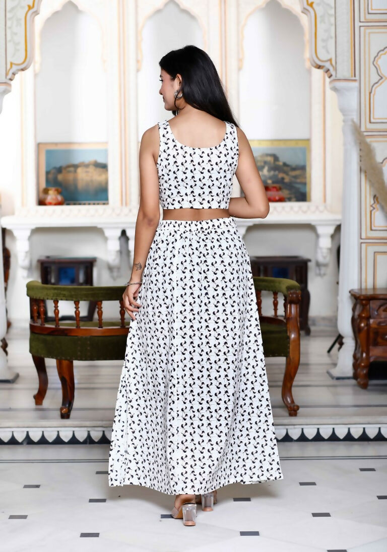 Miravan Women's White Animal Print Round Neck Top With Side Slit Skirt Co-Ord Set | Grocsy