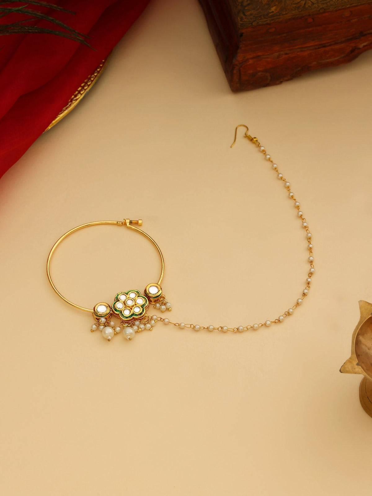Ruby Raang 22k Gold Polished Kundan Maharani Nose Ring (Clip On) | Grocsy