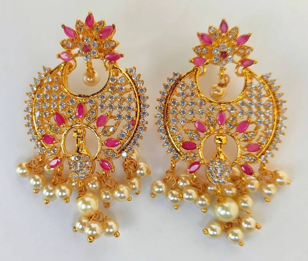 AD Ruby Designer Hanging Pearls Earrings | Grocsy