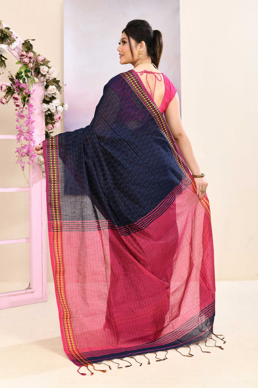 Piyari Fashion Women's Navy Blue Embellished Cotton Blend Jamdani Saree | Grocsy