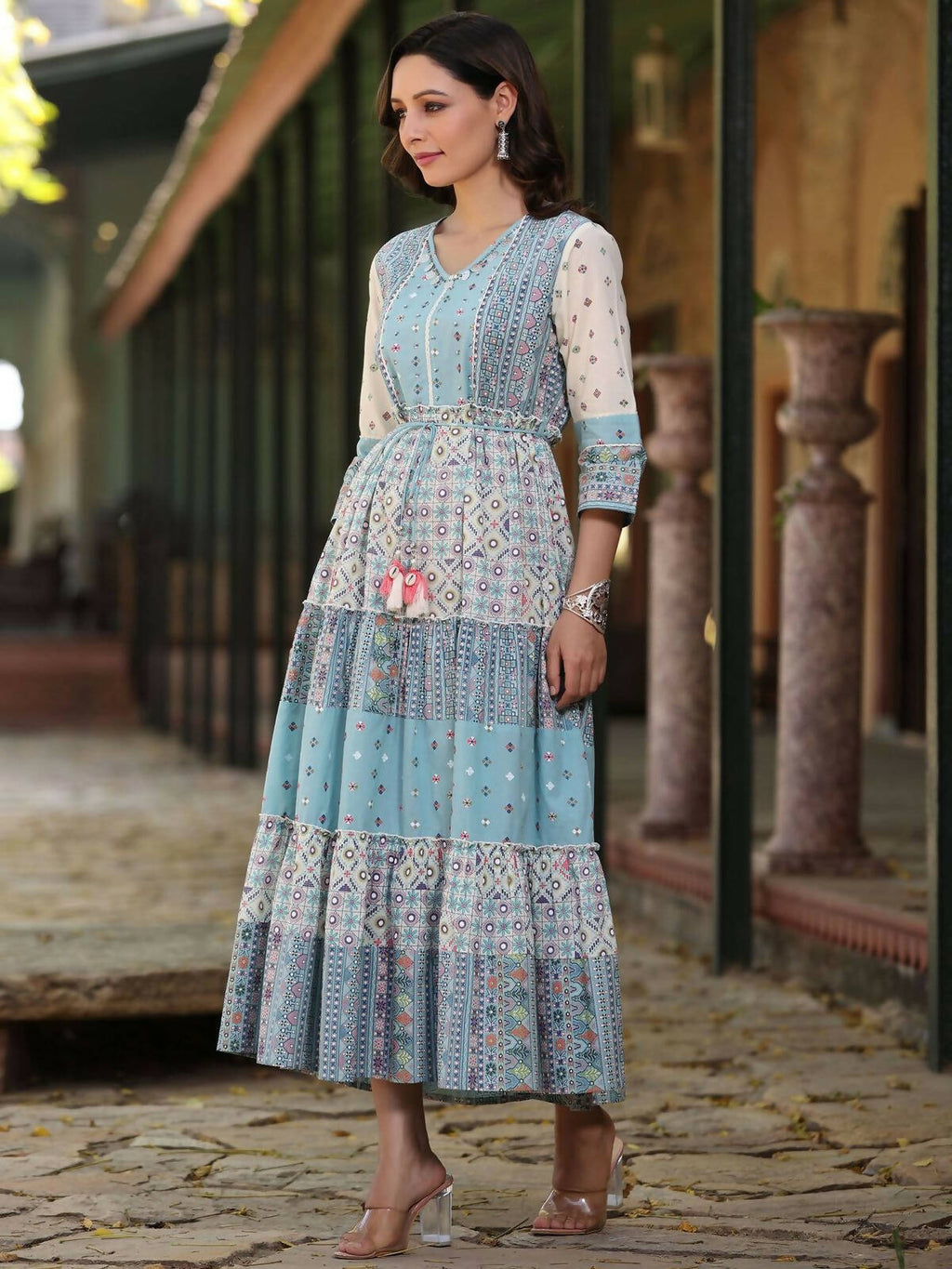 Juniper Women's Blue Cotton Cambric Geometric Printed Tiered Maxi Dress | Grocsy